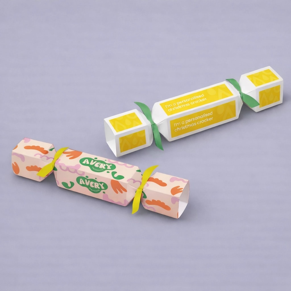 Two colorful Christmas crackers lie side by side on a grey surface.