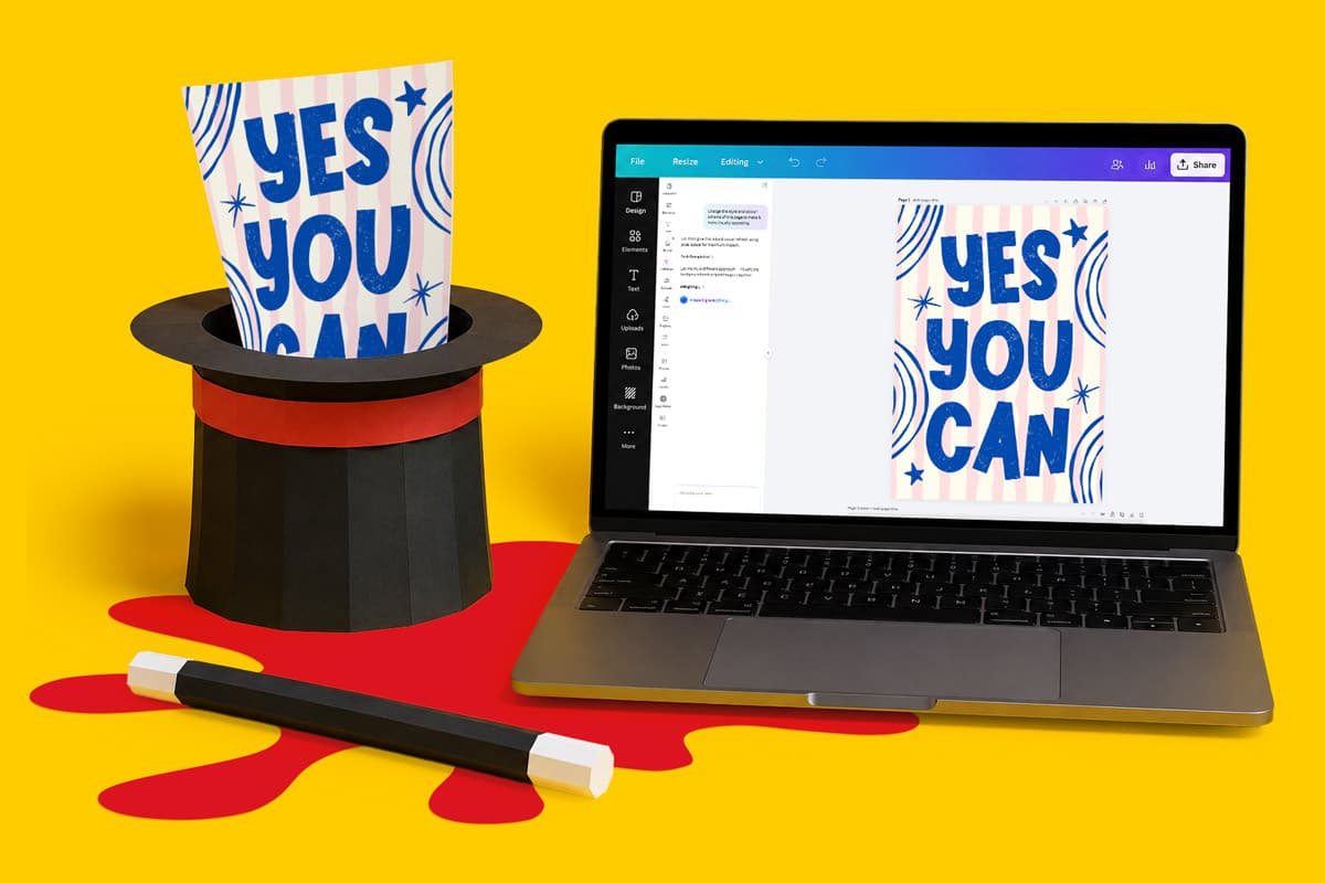 A laptop and magician’s hat display a “Yes You Can” poster on a yellow background.