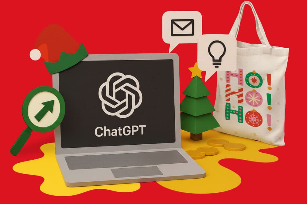 Laptop with ChatGPT logo, holiday-themed items, and a "Ho! Ho! Ho!" tote bag on red background.