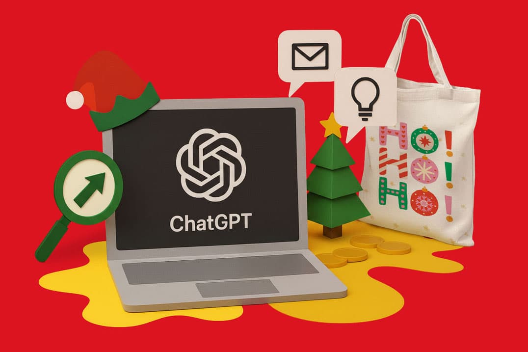 Laptop with ChatGPT logo, holiday-themed items, and a "Ho! Ho! Ho!" tote bag on red background.