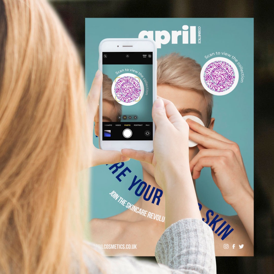 A woman interacts with a skincare poster by scanning its QR code to view the collection.
