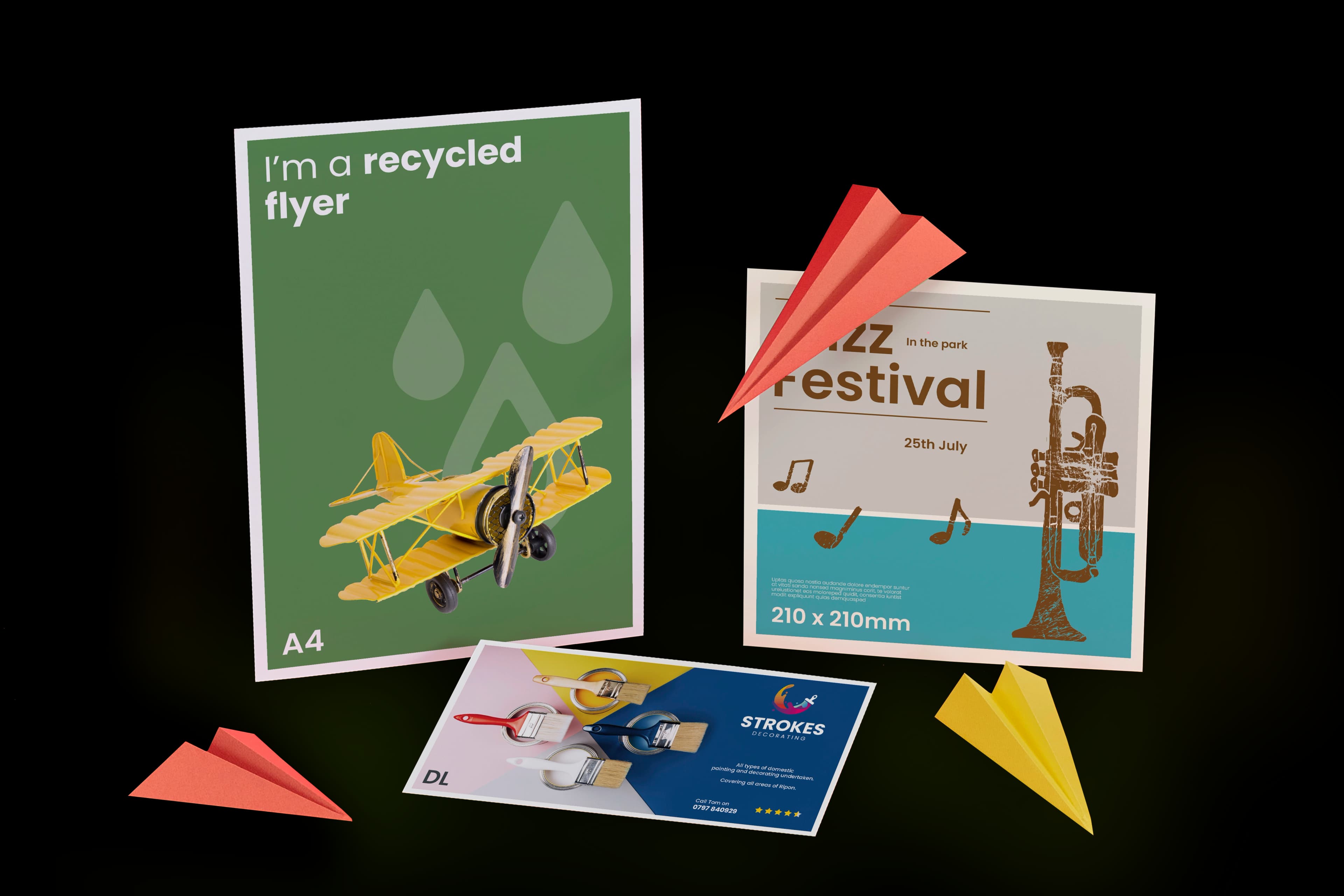 Posters and flyers showcasing paper plane and festival designs on a green background.