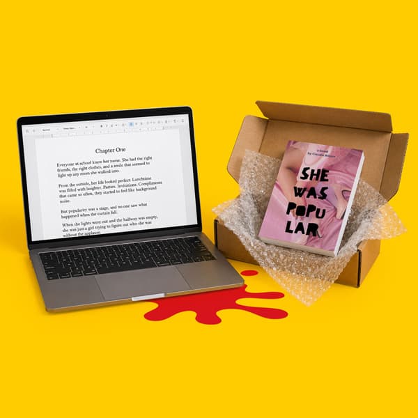 Laptop with text and an open box containing a book titled “She Was Popular” on a yellow background.