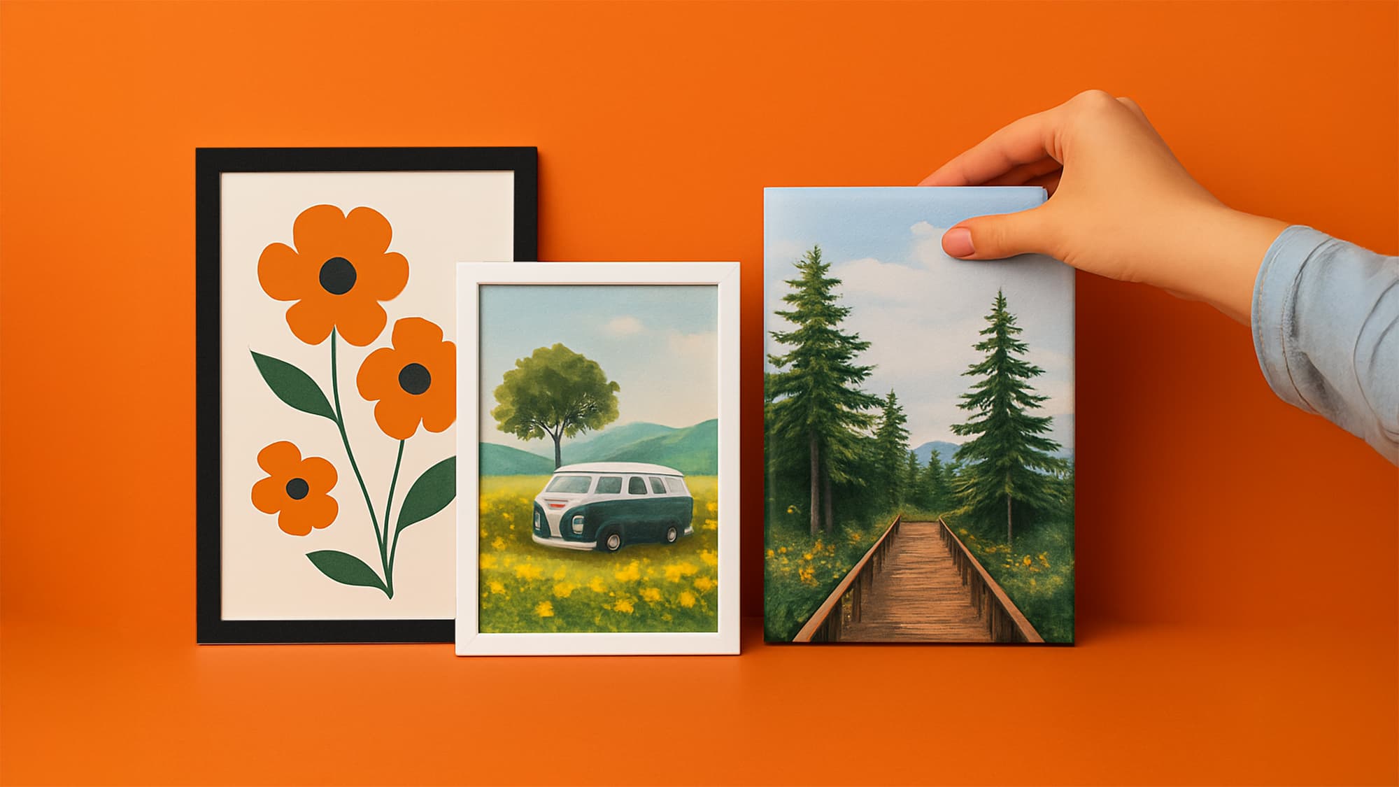 Three framed pictures: a flower, a van in a field, and a boardwalk in a forest, on orange background.
