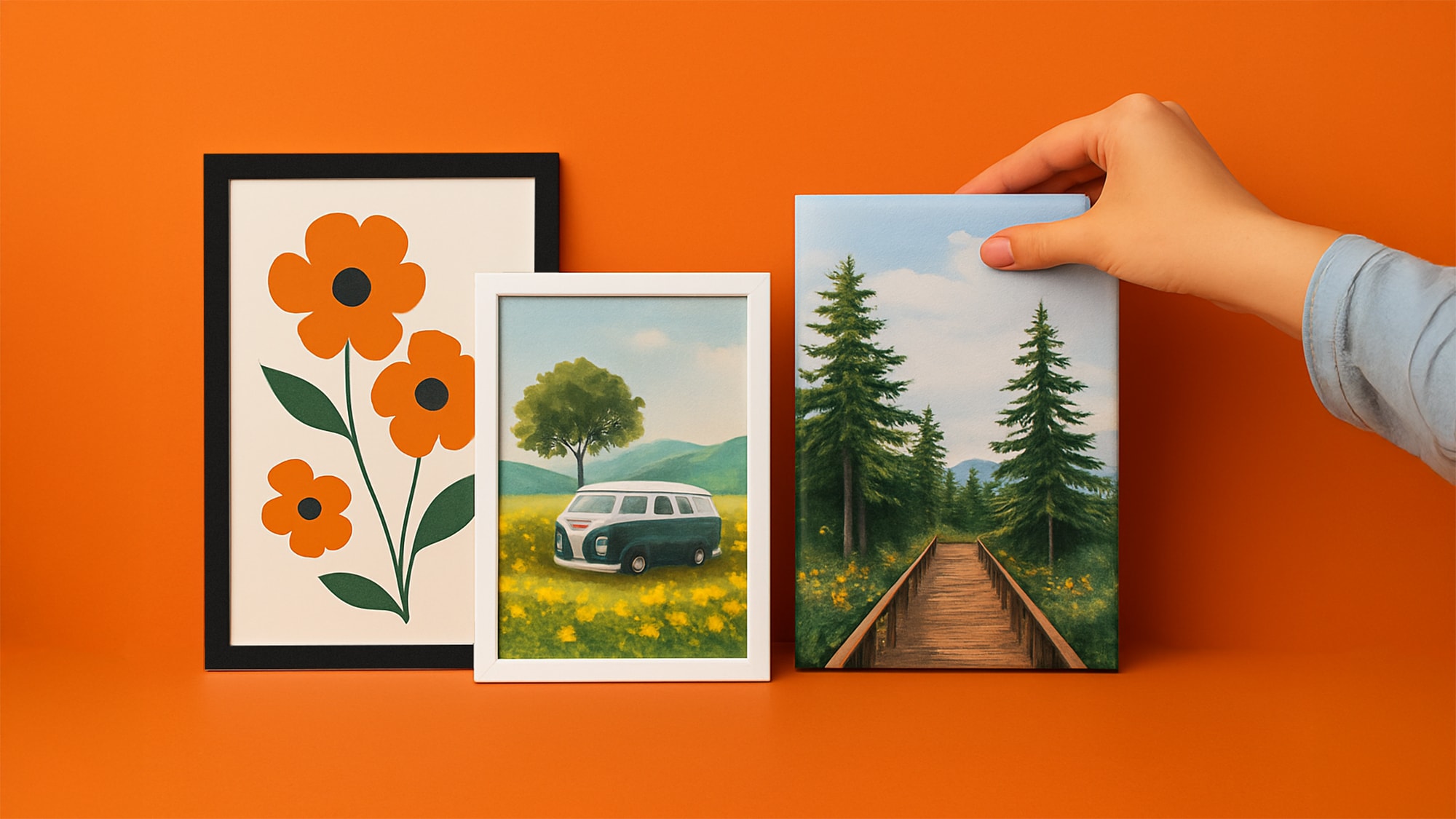 Three framed pictures: a flower, a van in a field, and a boardwalk in a forest, on orange background.