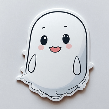 A die cut sticker featuring a cute, smiling ghost with a cheerful expression