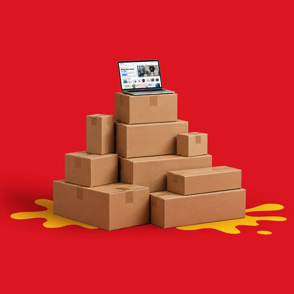 A laptop sits on a stack of cardboard boxes against a red background with yellow splashes.