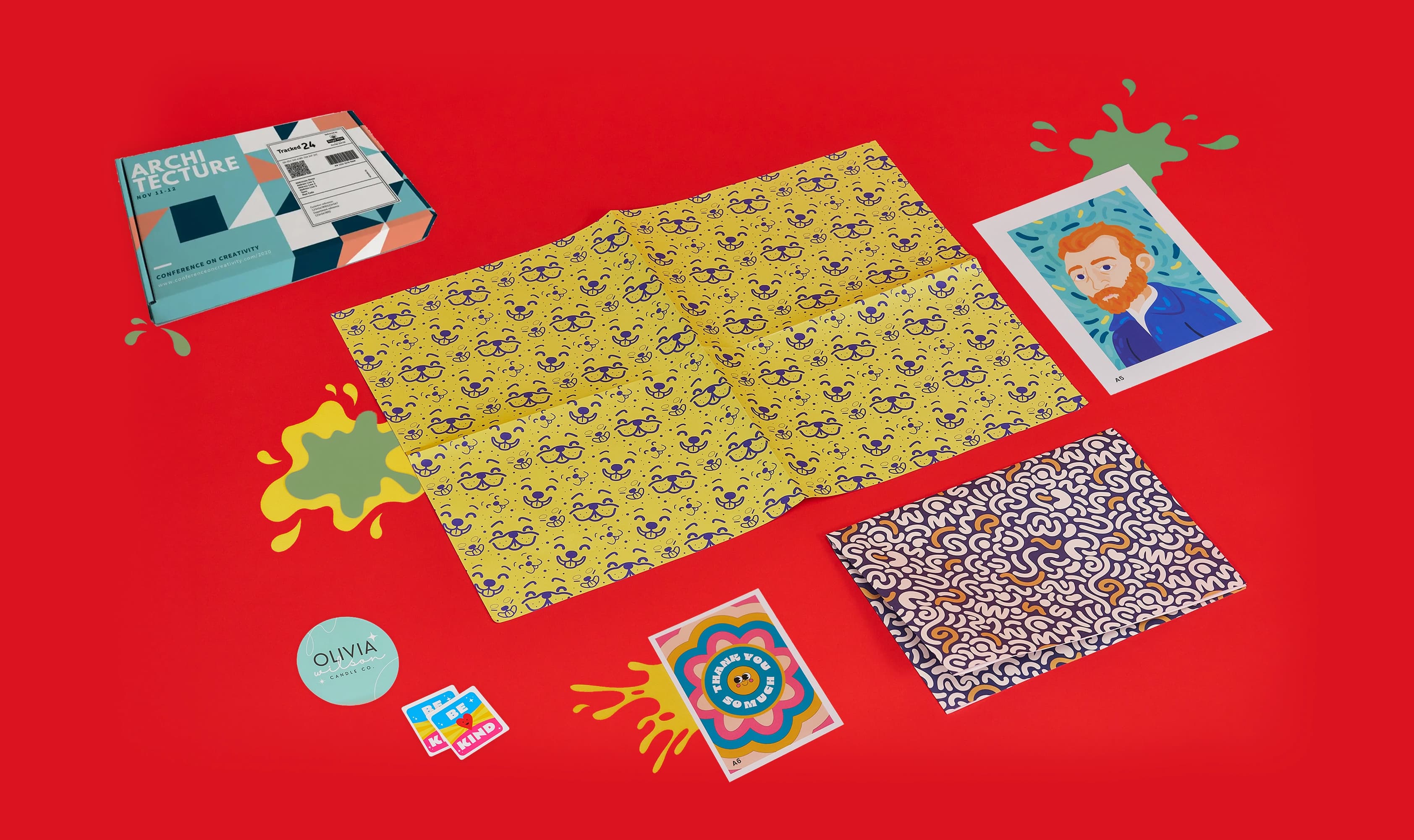 Colorful printed packaging displayed on a red background.