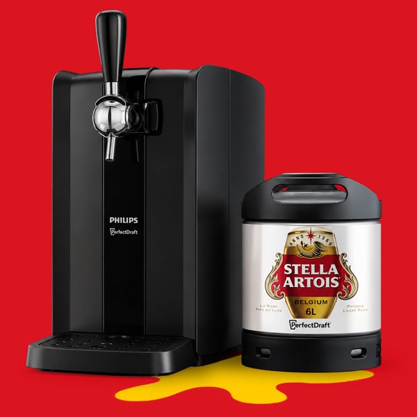Black beer dispenser next to a 6L Stella Artois keg on a red background with a yellow splash.