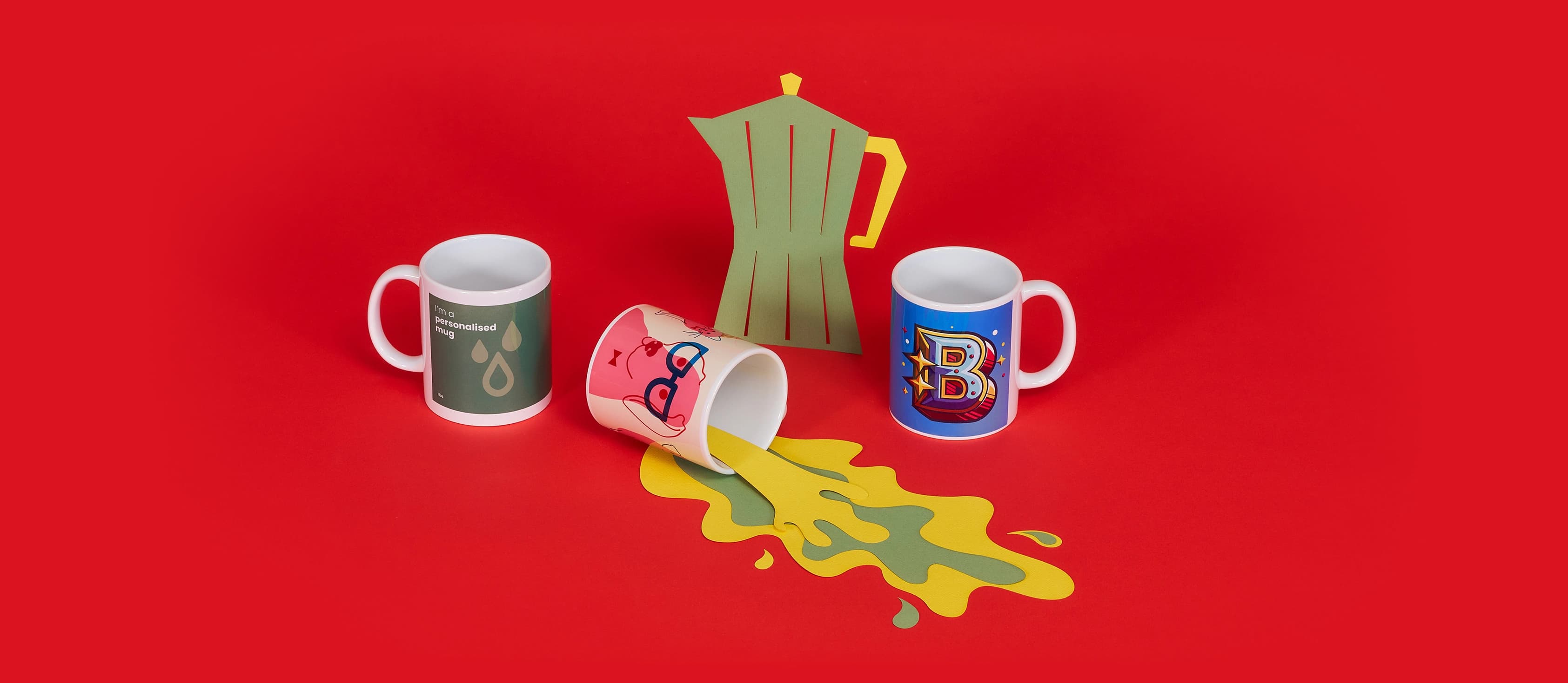 Mugs and a paper coffee pot on a red surface; one mug is tipped over with liquid spilling.