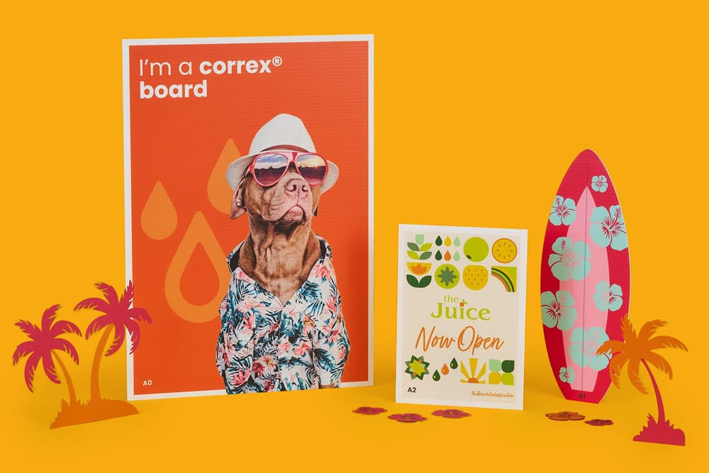 A poster of a dog in sunglasses, juice sign, surfboard, and palm tree cutouts on an orange background.