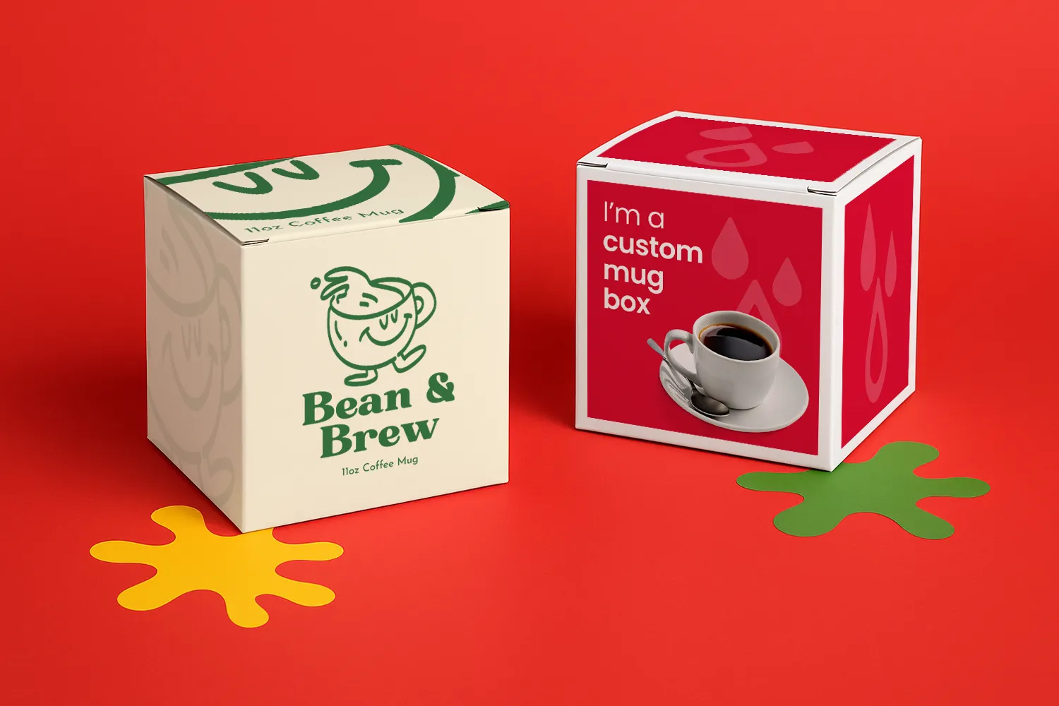 Two branded mug boxes on a red surface with yellow and green paper shapes.