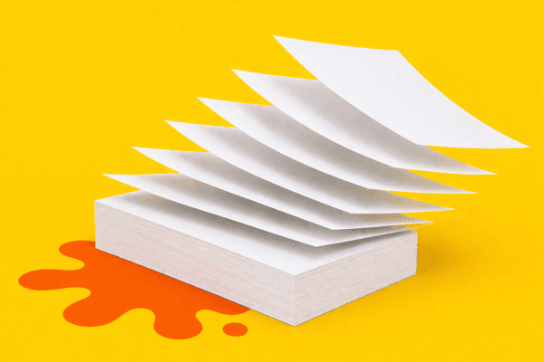 A stack of paper with several sheets floating above and an orange liquid paint splat beside it.