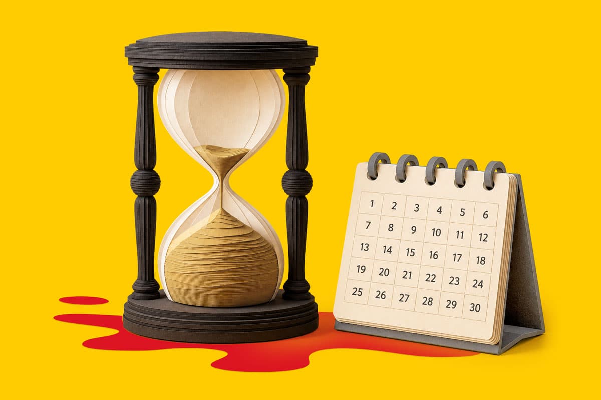 Hourglass and calendar on a yellow background, with red liquid pooling beneath the hourglass.