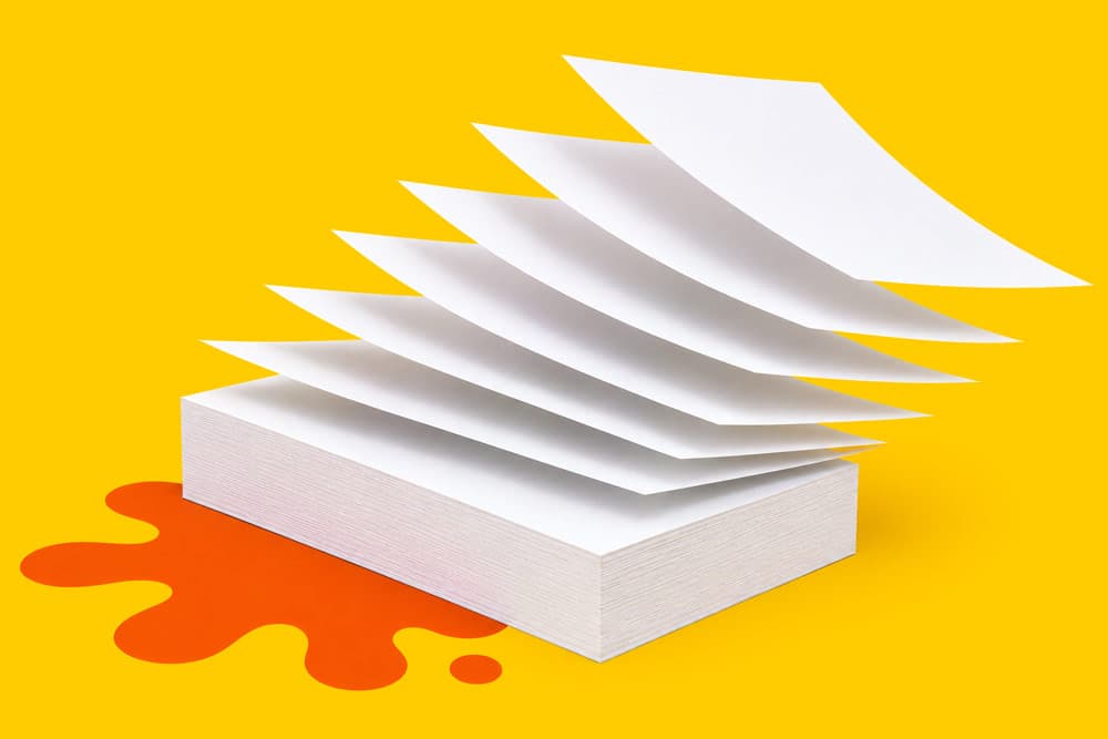 A stack of paper with several sheets floating above and an orange liquid paint splat beside it.