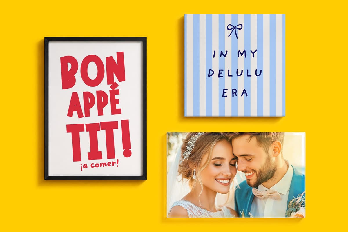Three wall frames: two with text, one with a photo of a smiling bride and groom.
