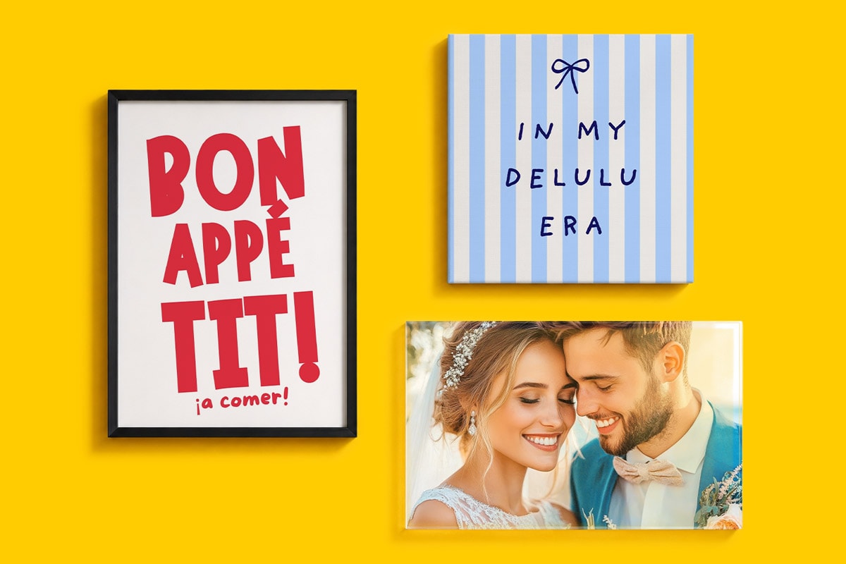 Three wall frames: two with text, one with a photo of a smiling bride and groom.