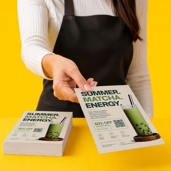 Person in apron hands out a flyer advertising a summer matcha drink special with a discount.