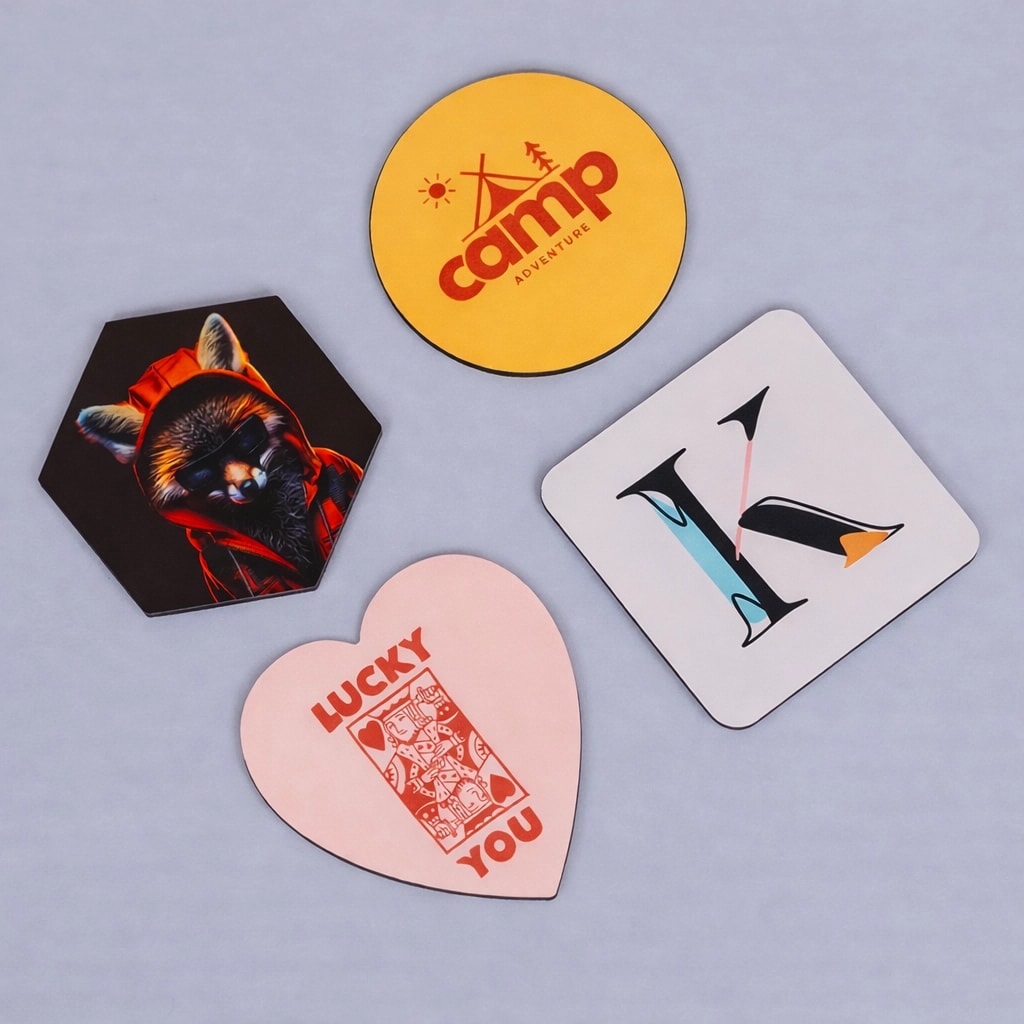 Four assorted coasters: a camp logo, a raccoon, the letter K, and a heart with "Lucky You.