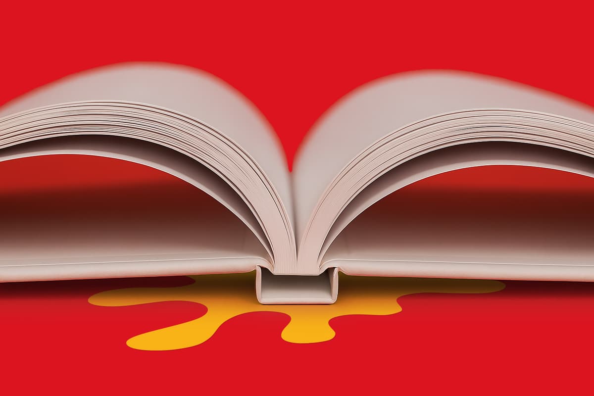 Open book on a red surface with a yellow spill-like shape beneath the center.
