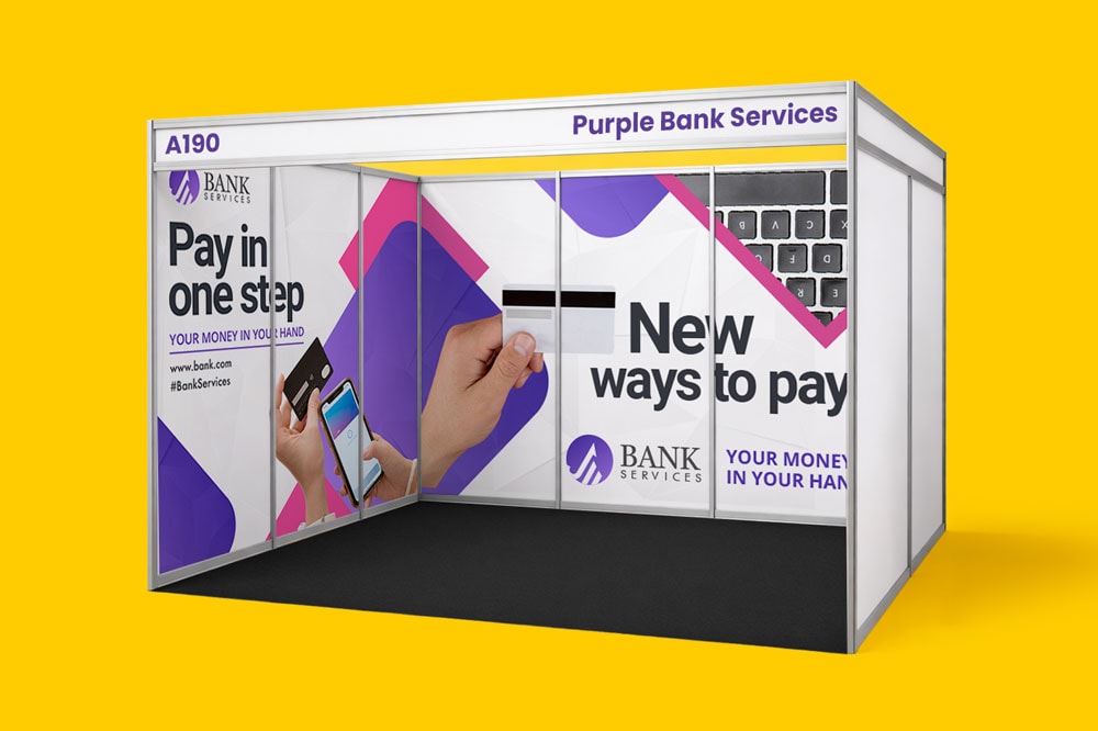 Trade show booth labeled "NeuroPulse VR" with VR graphics and text about the metaverse.