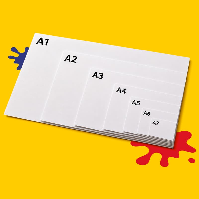 A stack of white paper sheets labeled A1 through A7 on a yellow background with paint splatters.