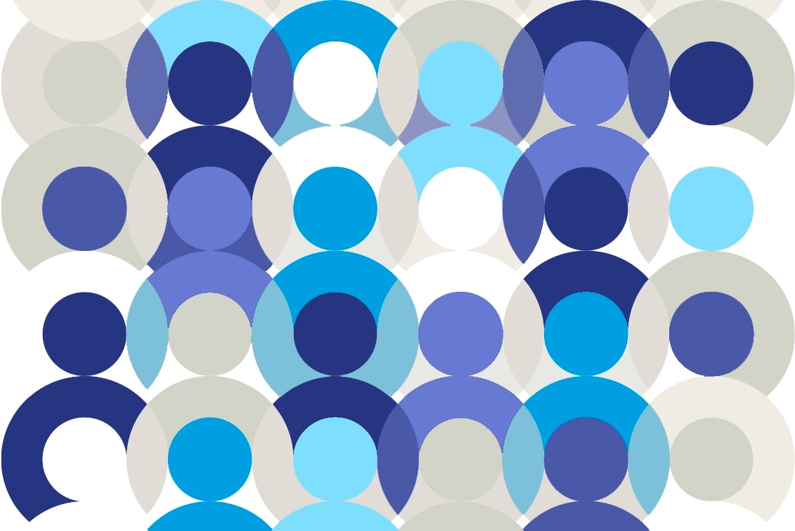 Abstract illustration of a crowd with overlapping blue and gray human figure icons.