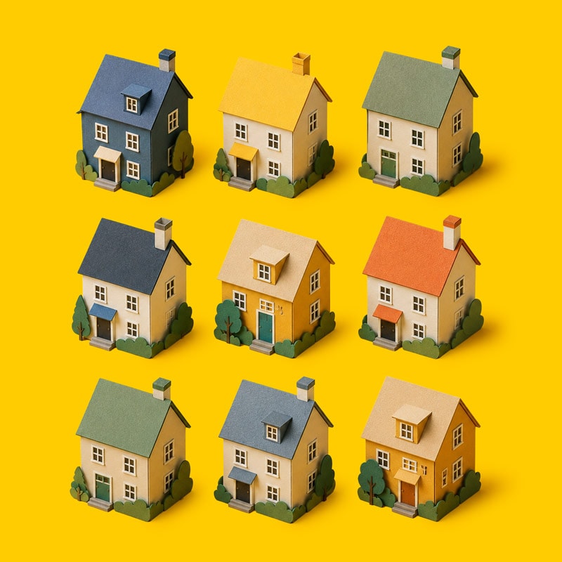 Nine colorful model houses arranged in a grid on a bright yellow background.
