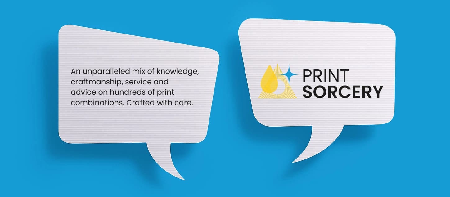 Two blank white speech bubbles on a blue background.