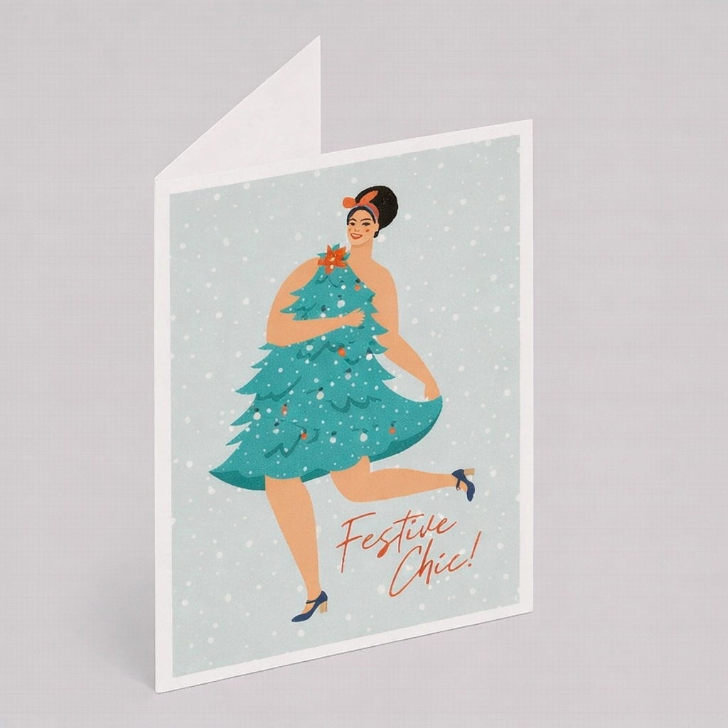 Greeting card with an illustration of a woman wearing a Christmas tree dress, text reads "Festive Chic!.