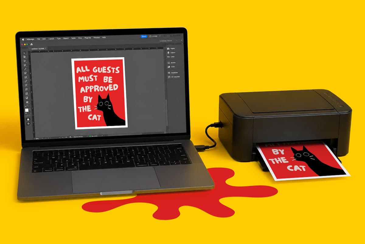 Laptop and printer on a yellow surface printing a red cat-themed sign about guest approval.