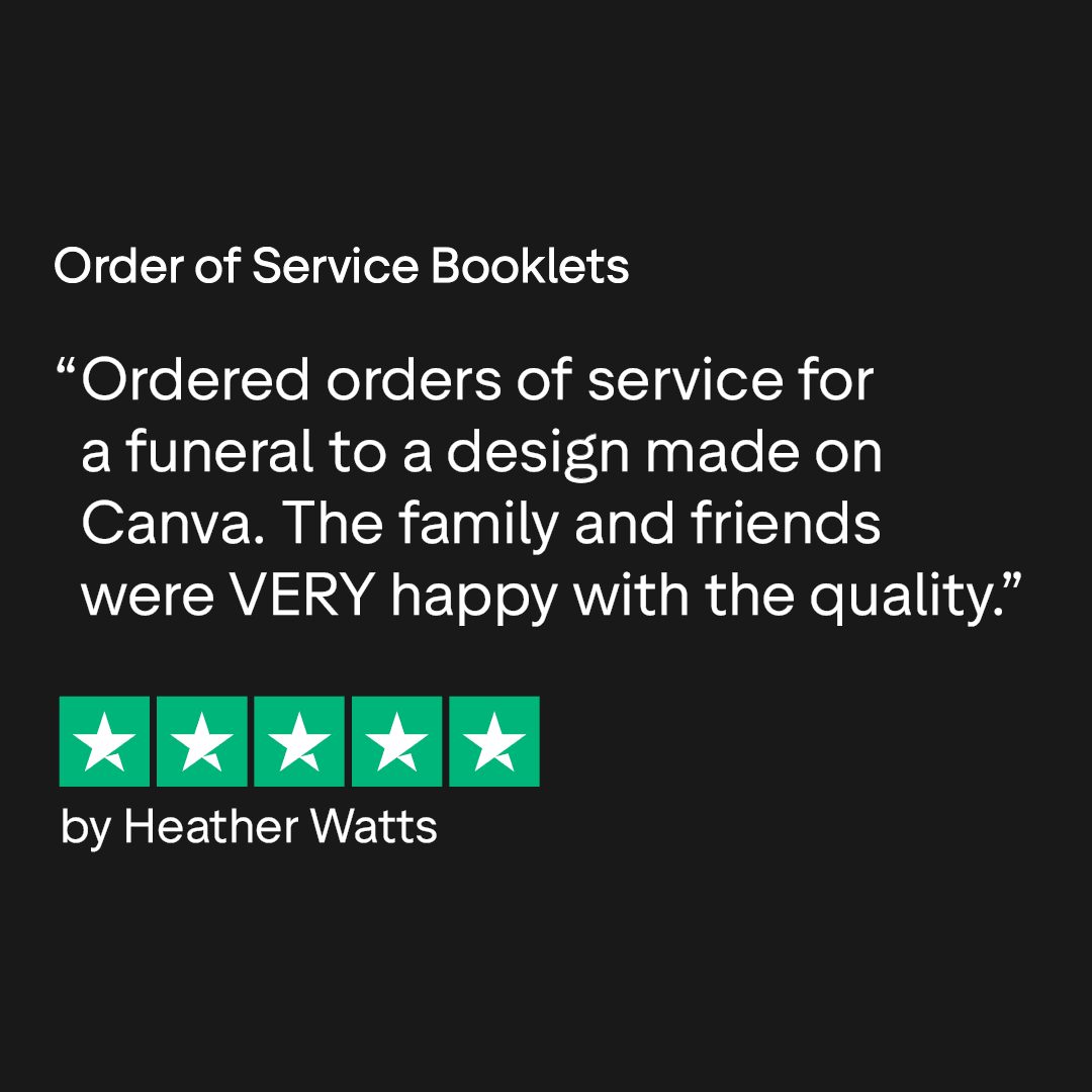 Customer review praising funeral service booklets made on Canva, rated five stars by Heather Watts.