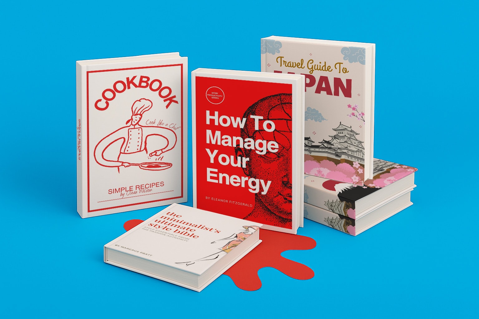 Five books displayed on a blue surface, with varied branded book covers and titles visible.