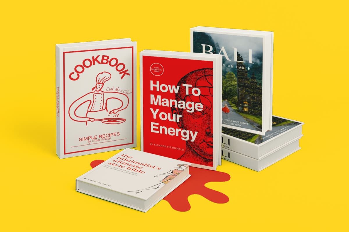 Five books displayed on a blue surface, with varied branded book covers and titles visible.