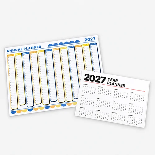 Two 2026 year planners, one with monthly columns and the other with a full-year calendar layout.