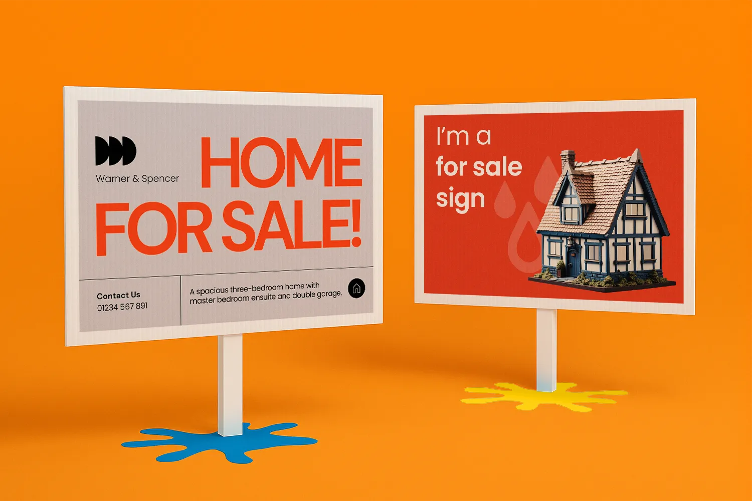 Two real estate "For Sale" signs on stands, one with house details, one with a house illustration.