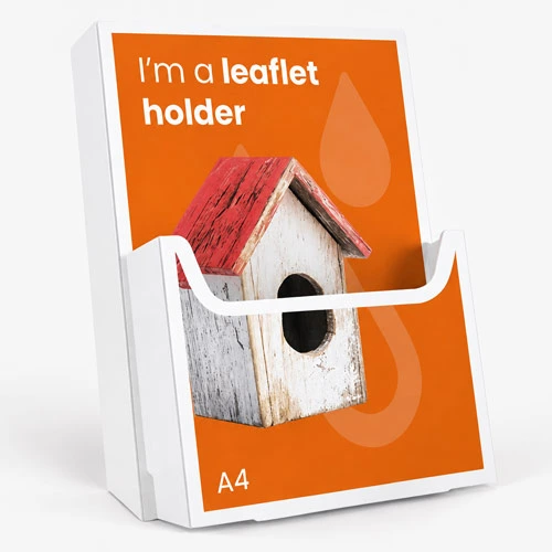 White A4 leaflet holder displaying an orange sign with a birdhouse image and text.