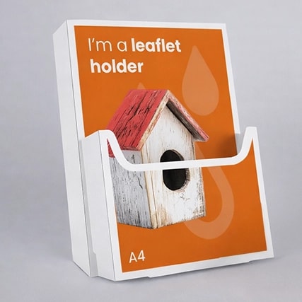 White A4 leaflet holder displaying an orange sign with a birdhouse image and text.