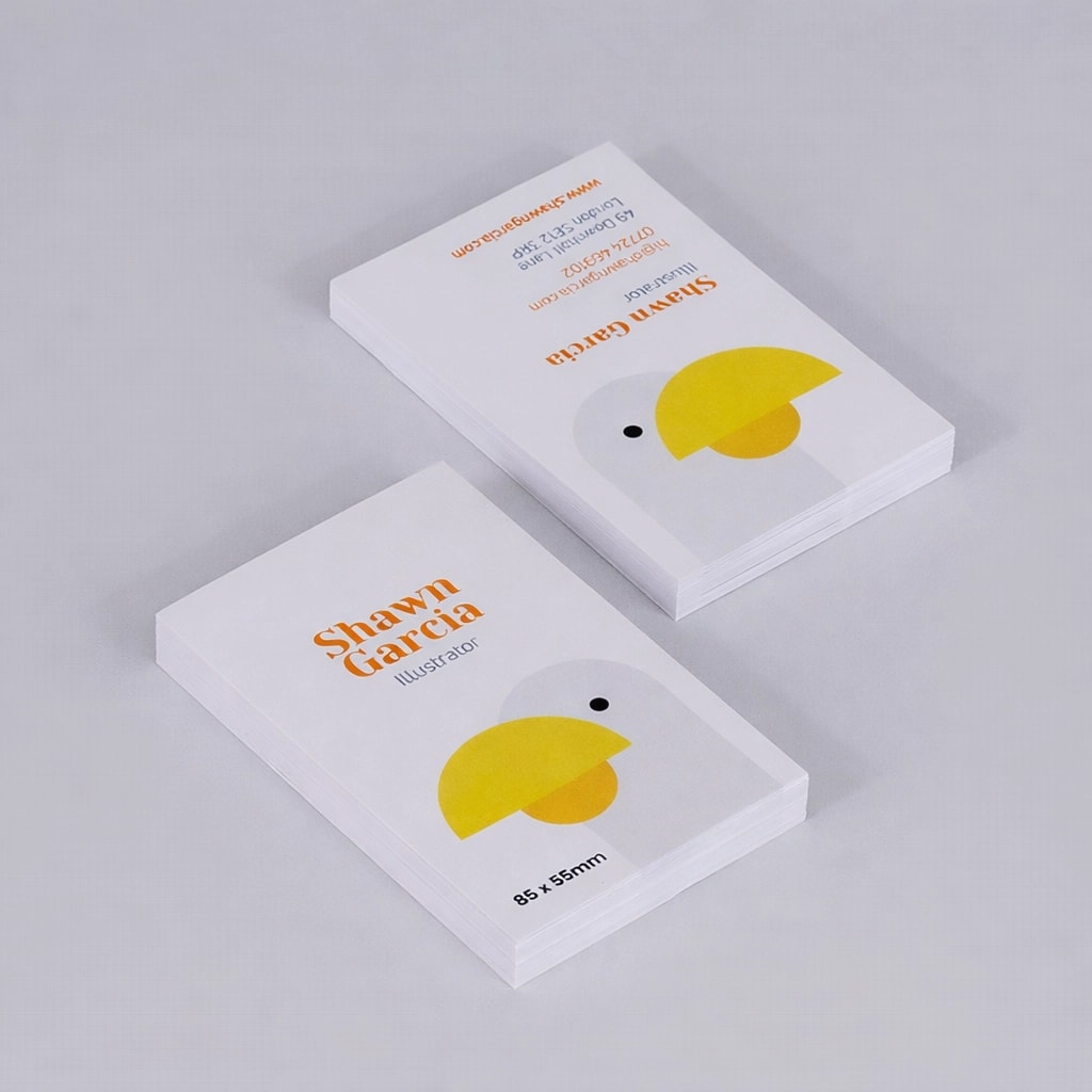 Two stacks of budget business cards with minimalist bird design and contact details for Shawn Garcia.