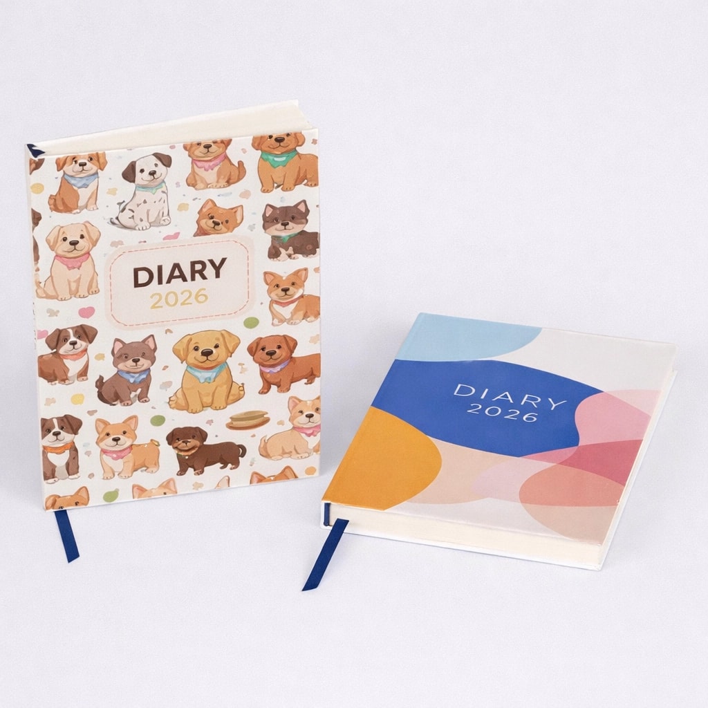 Two 2026 diaries, one with cartoon dogs on the cover and one with a colorful abstract design.