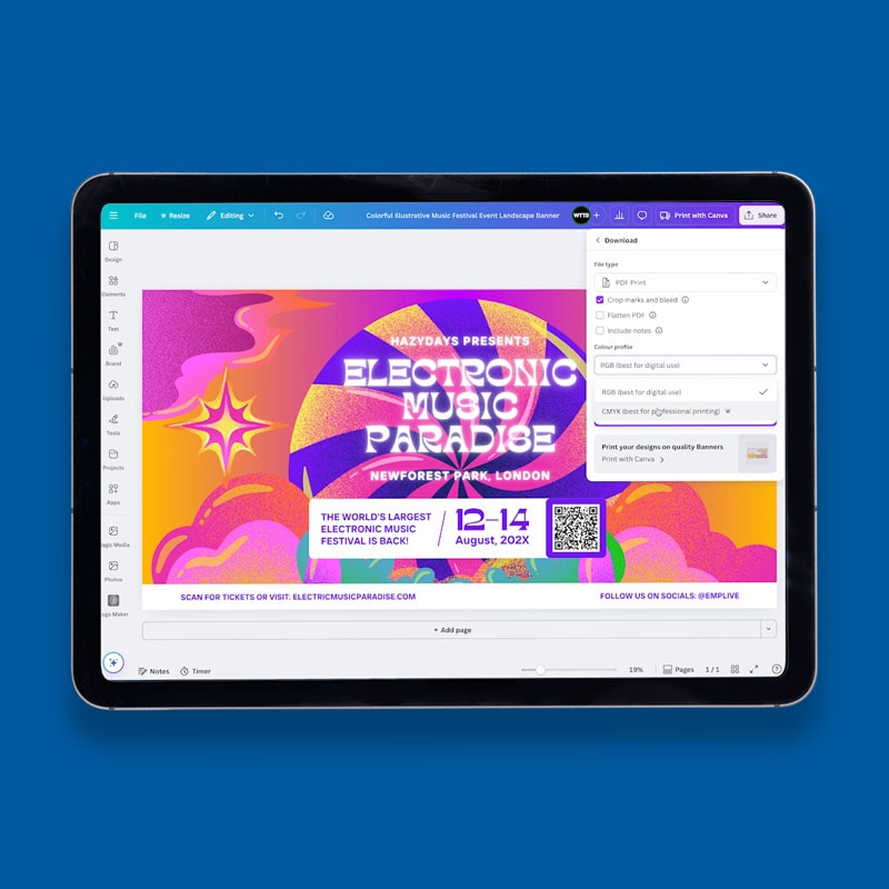 A tablet displays a colourful electronic music festival poster design in a graphic editor.