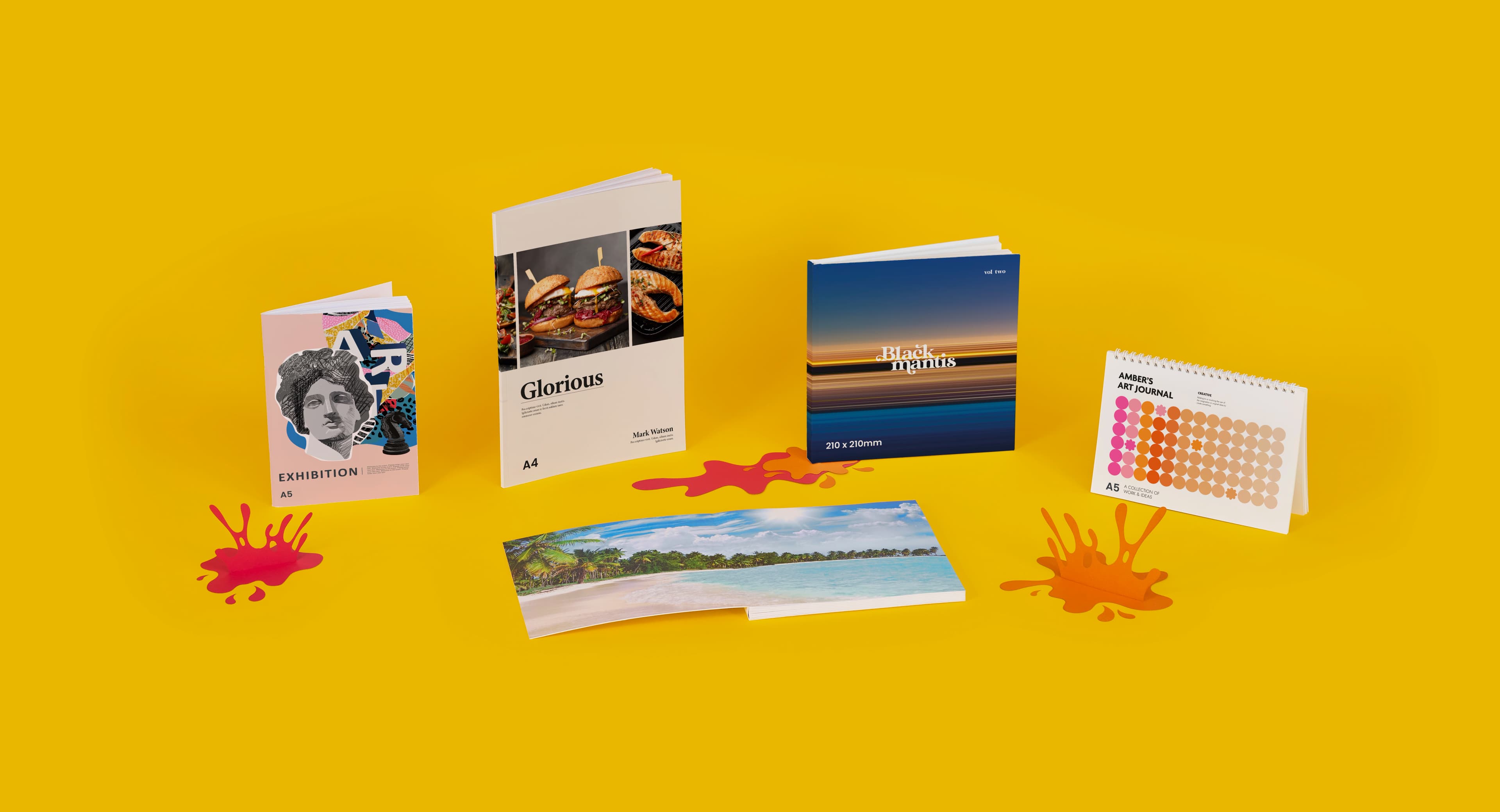 Five open books and calendars on a yellow background with red splatters.