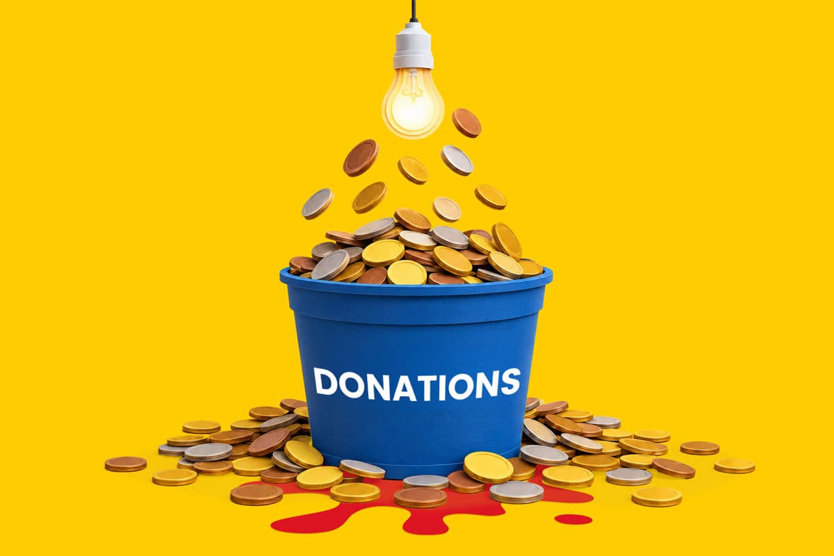 Blue donation bucket filled with coins under a glowing light bulb, yellow background.