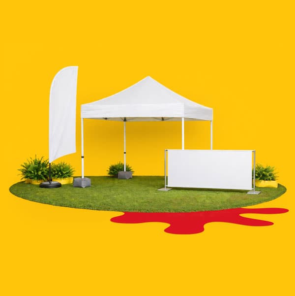White canopy tent with blank sign and flag on grass, red shape, yellow background.